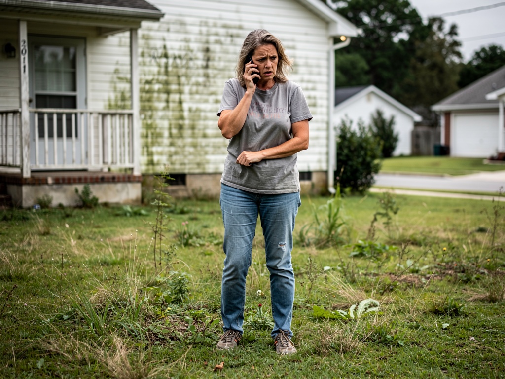 Frustrated homeowner on phone in front of overgrown lawn and dirty siding, Greenville NC