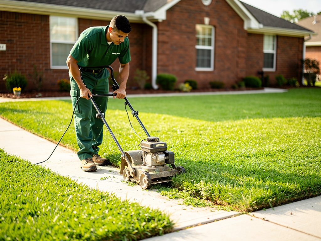 Professional landscaper edging Bermuda lawn at Greenville NC home