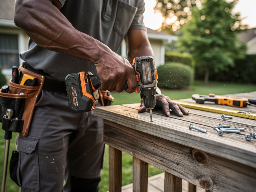 Worker repairing wooden deck railing at residential property