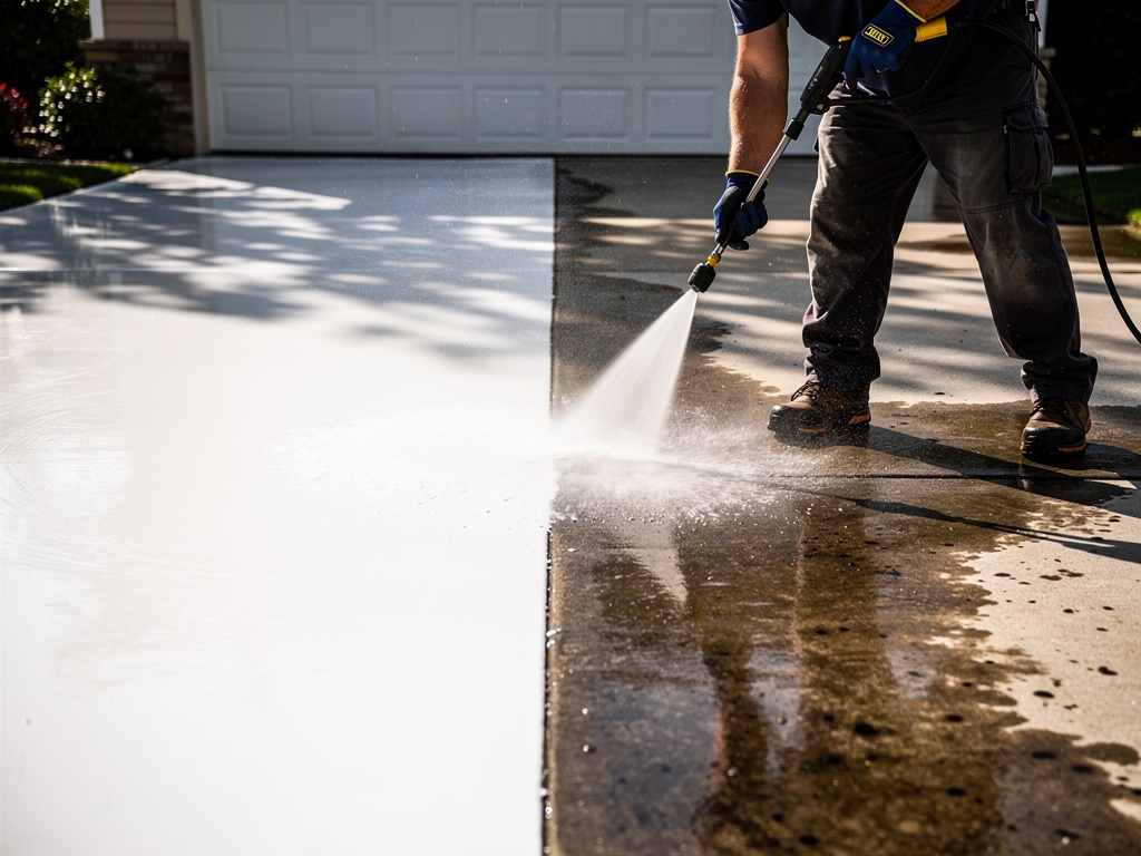 Pressure washing technician cleaning concrete driveway in Greenville NC