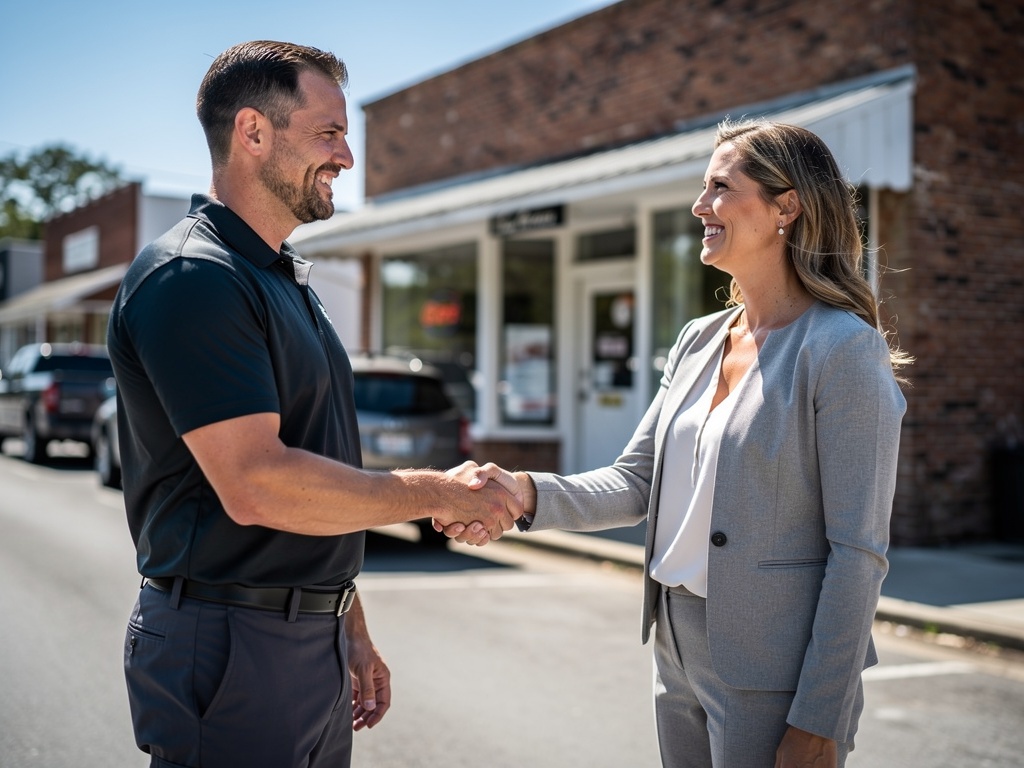 Carolina Complete Solutions crew lead shaking hands with property owner at Greenville NC property